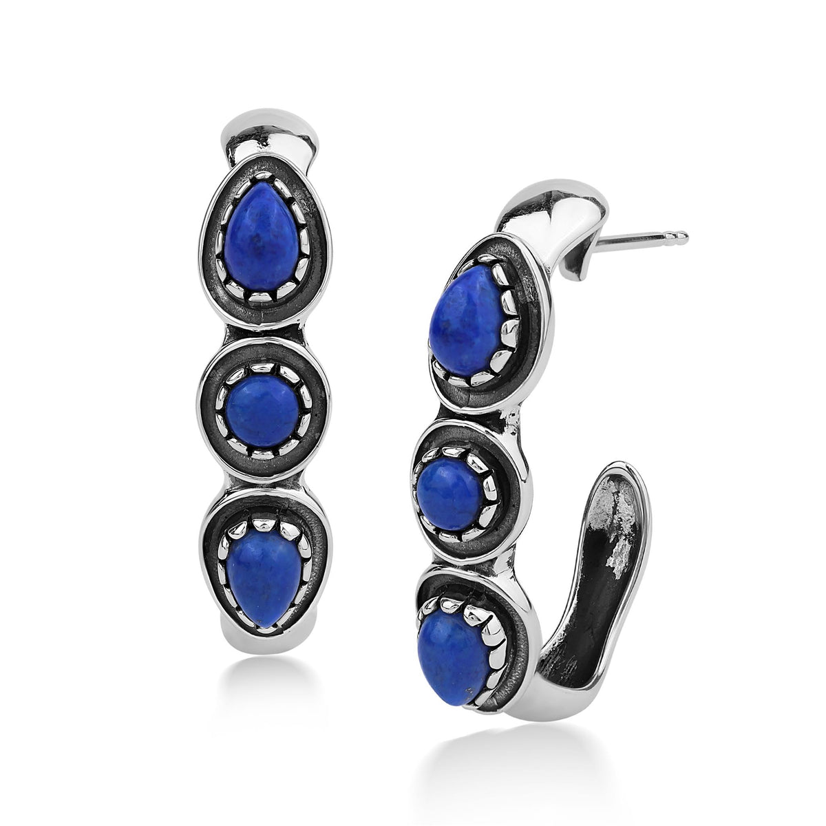 Sterling Silver Lapis Pear and Round Cut Hoop Earrings