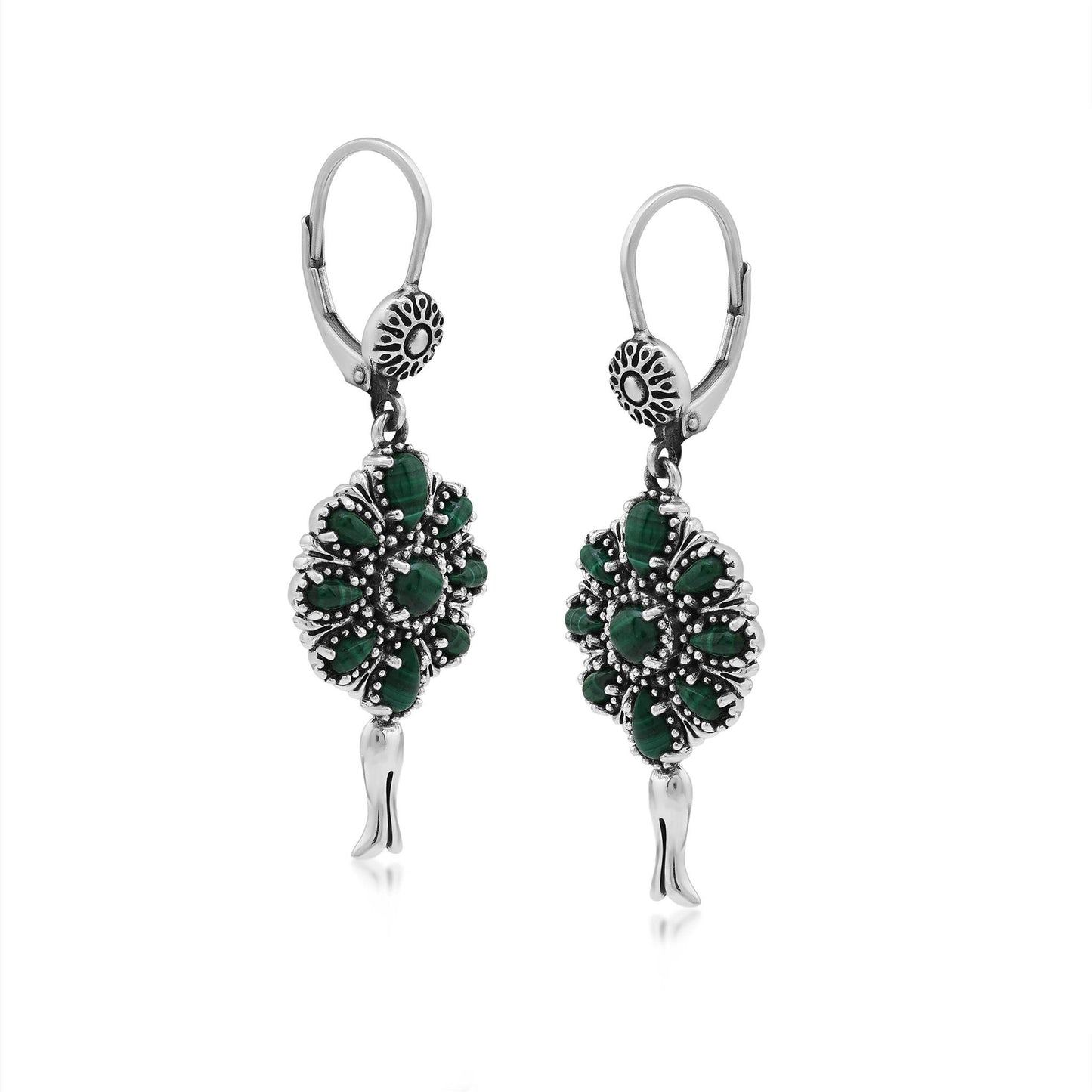  Sterling Silver Malachite Flower Cluster Squash Blossom Earrings