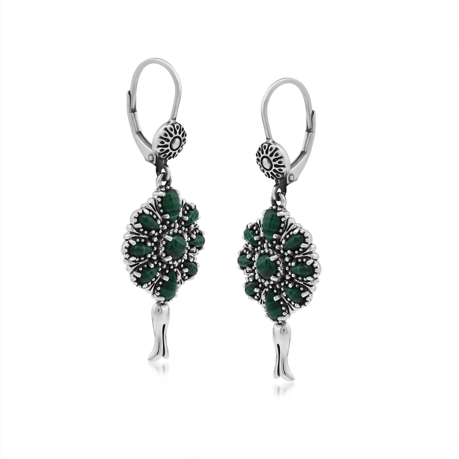  Sterling Silver Malachite Flower Cluster Squash Blossom Earrings