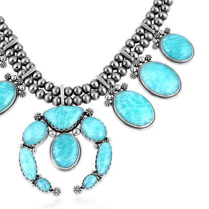 Sterling Silver Amazonite Naja Squash Blossom Statement Necklace