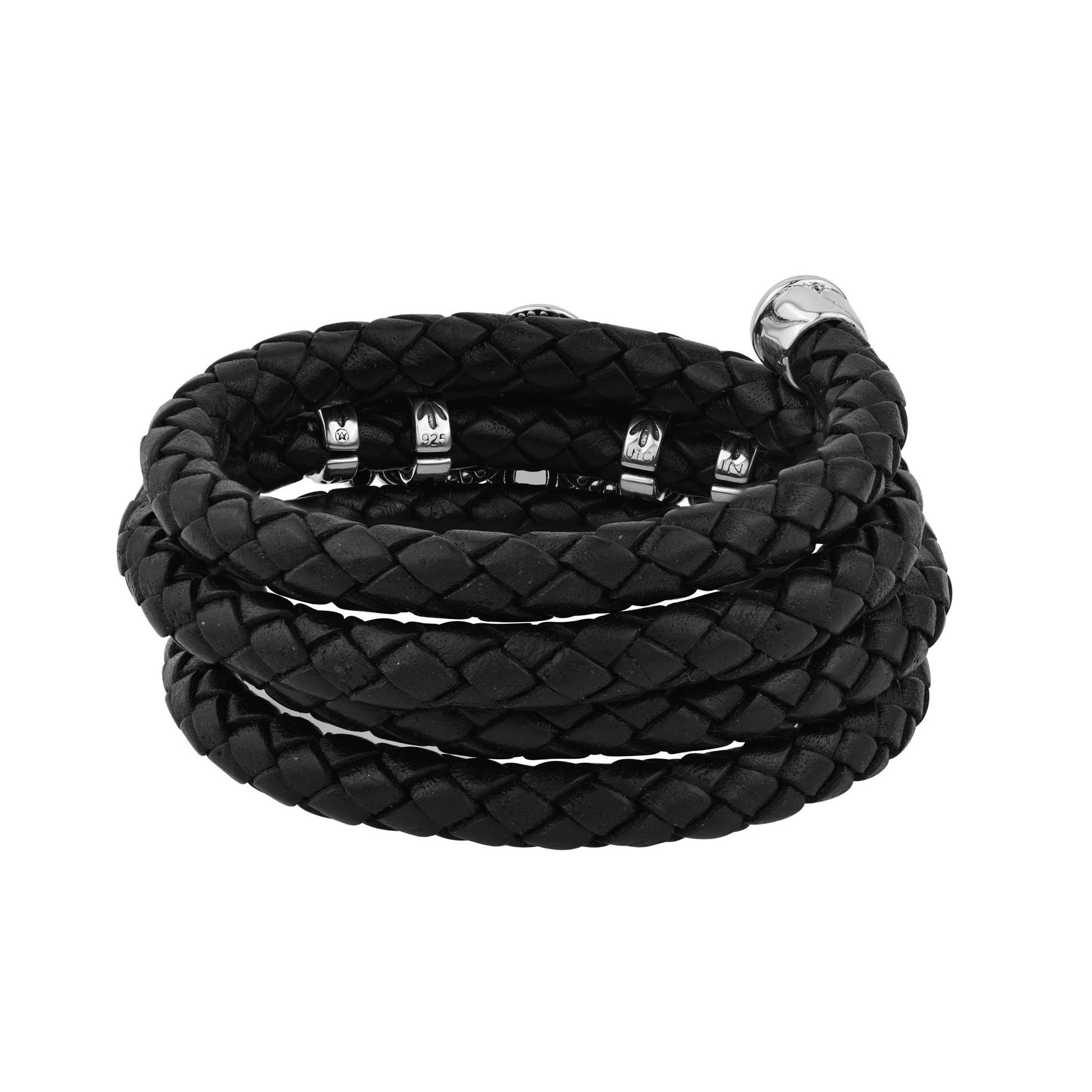  Sterling Silver Malachite Pear Cluster Black Leather Wrap Bracelet 
