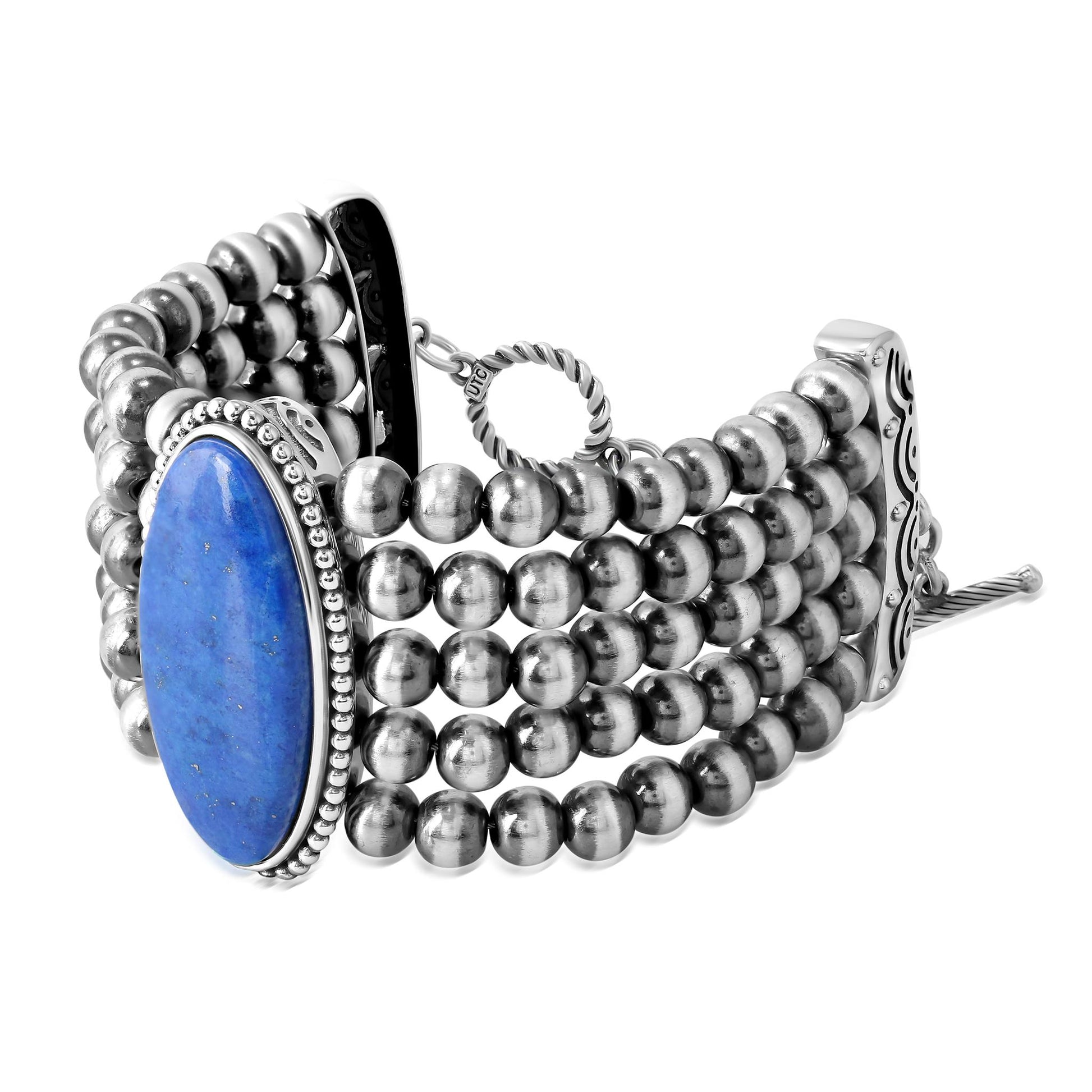 Sterling Silver Oval Denim Lapis Oval Cut Beaded Toggle Bracelet