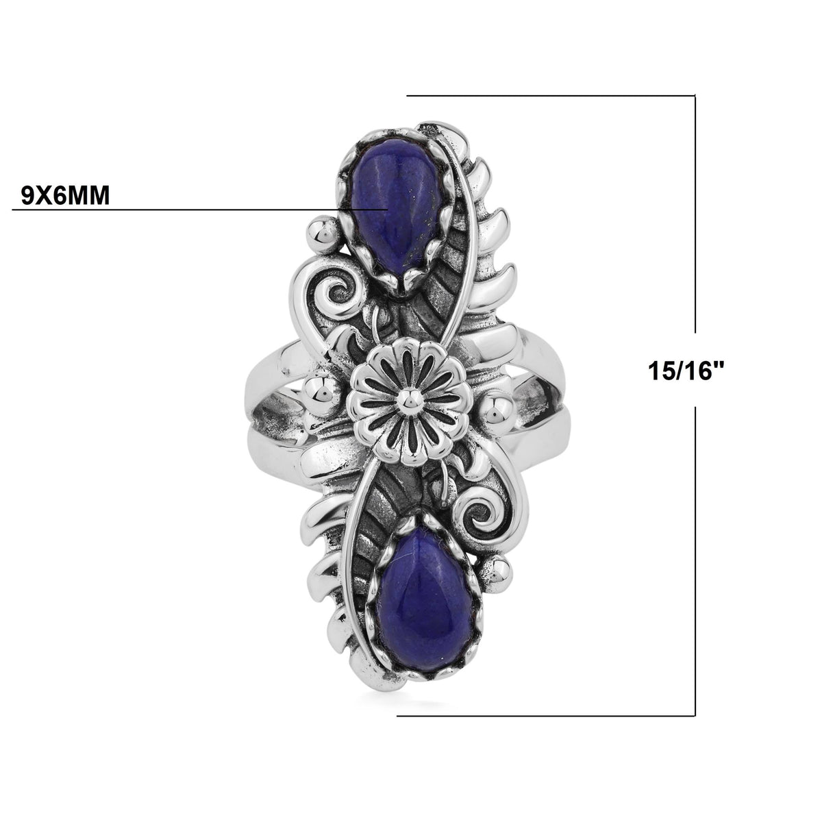 Sterling Silver Lapis Pear-Cut Leaf and Flower Ring, Sizes 5 to 10