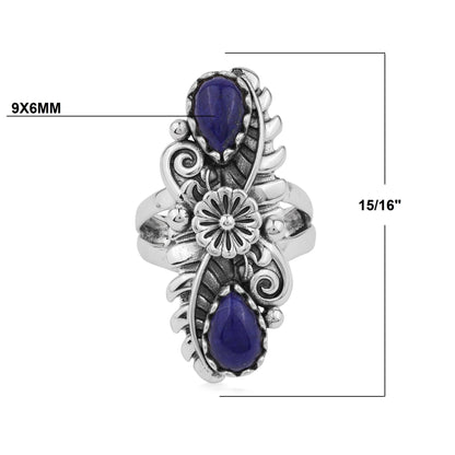 Sterling Silver Lapis Pear-Cut Leaf and Flower Ring, Sizes 5 to 10
