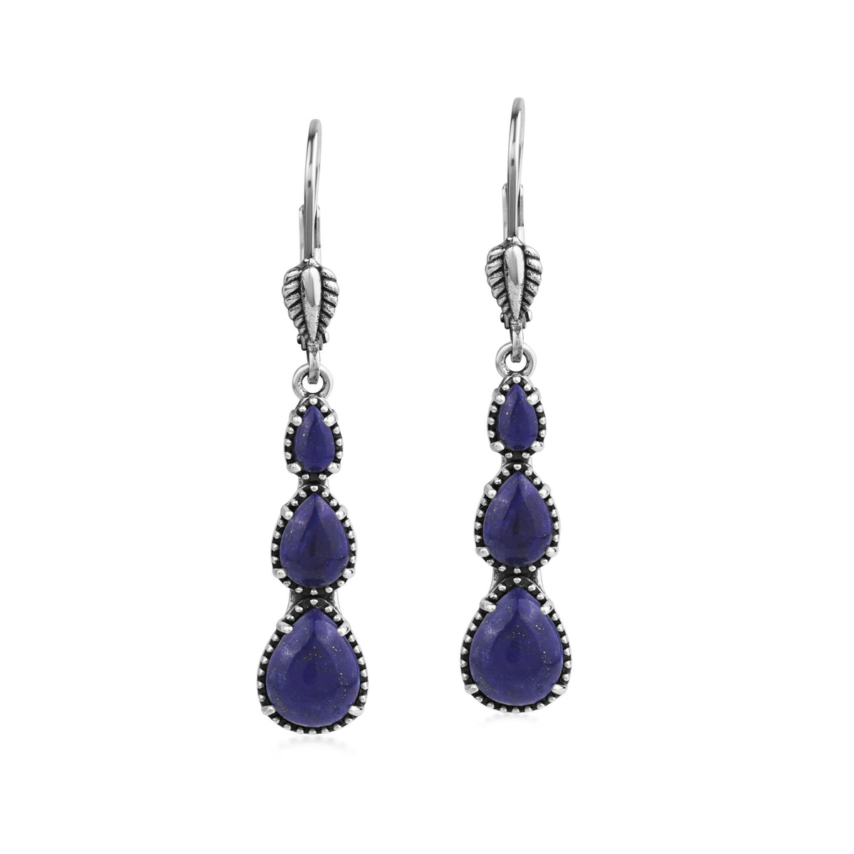 Sterling Silver Lapis 3-Pear Drop Lever Back Earrings