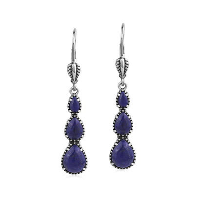 Sterling Silver Lapis 3-Pear Drop Lever Back Earrings