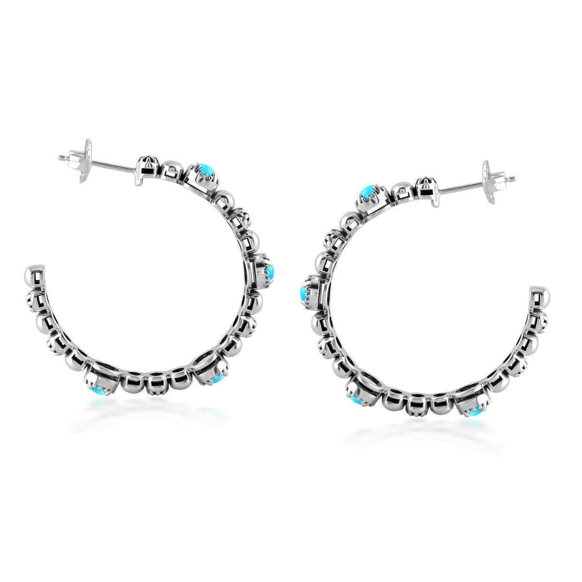 Sterling Silver Sleeping Beauty Turquoise Concha Crescent 1.5 Inch Hoop Earrings