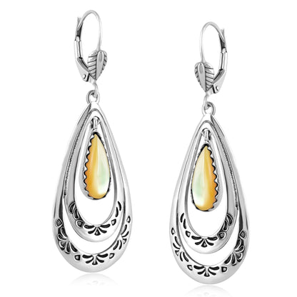 Sterling Silver Yellow Mother of Pearl Open Teardrop Lever Back Earrings