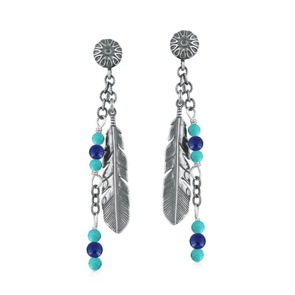 EXCLUSIVELY OURS! Sterling Silver Lapis and Kingman Turquoise Feather Design Dangle Earrings