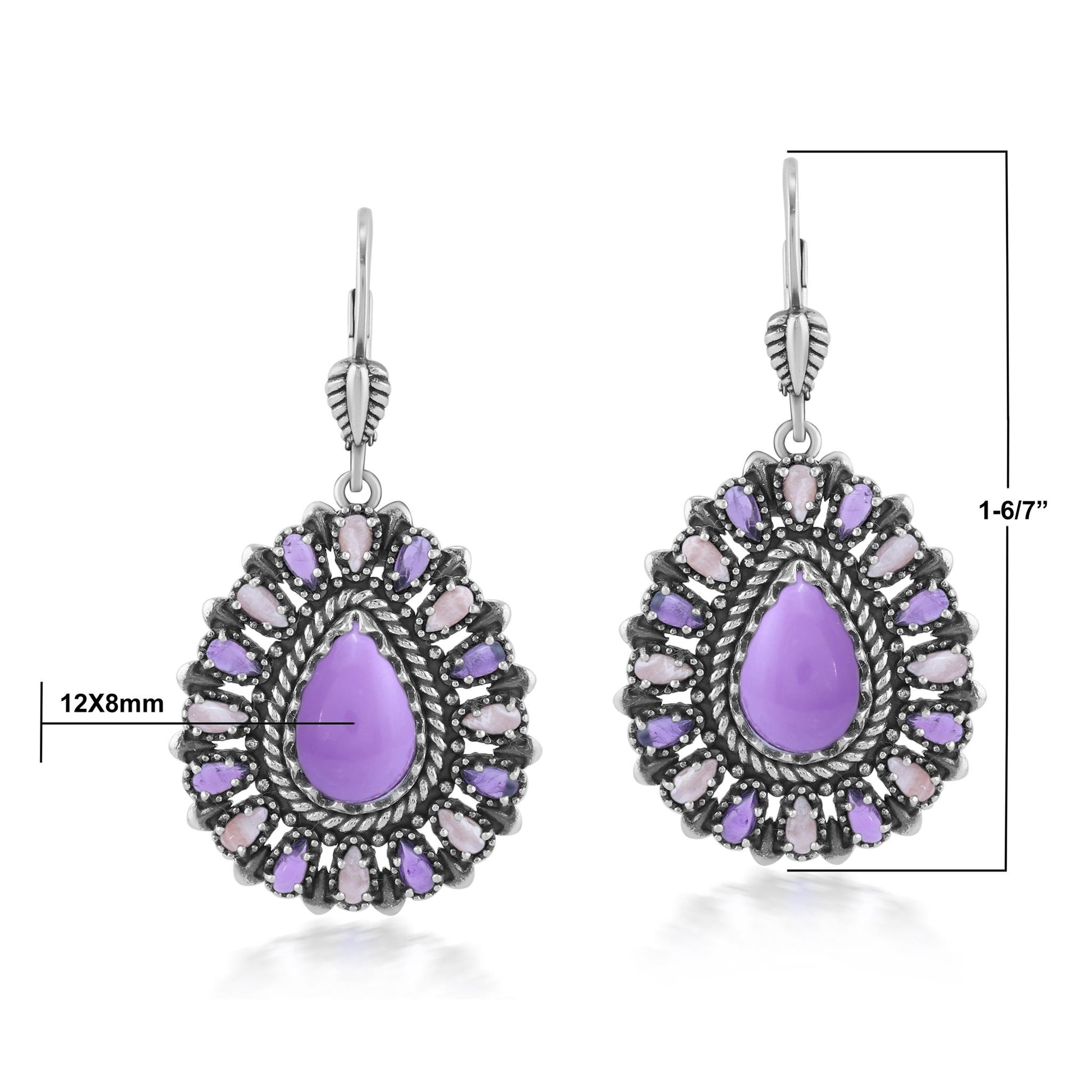 Sterling Silver Phosphosiderite, Rhodochrosite, and Amethyst Cluster Pear Shaped Dangle Earrings