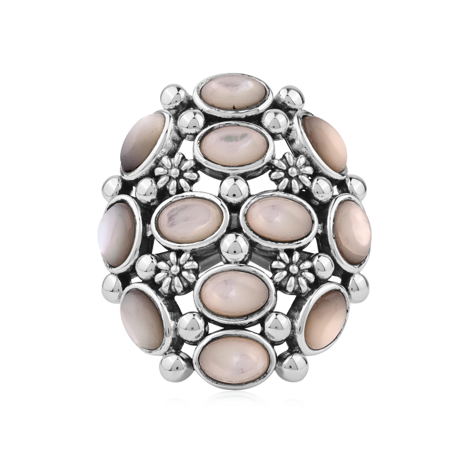  Sterling Silver White Mother of Pearl Oval 12-Stone Cluster Ring