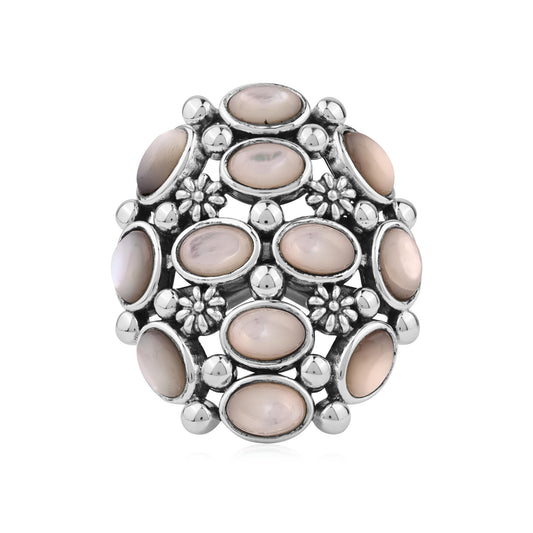  Sterling Silver White Mother of Pearl Oval 12-Stone Cluster Ring