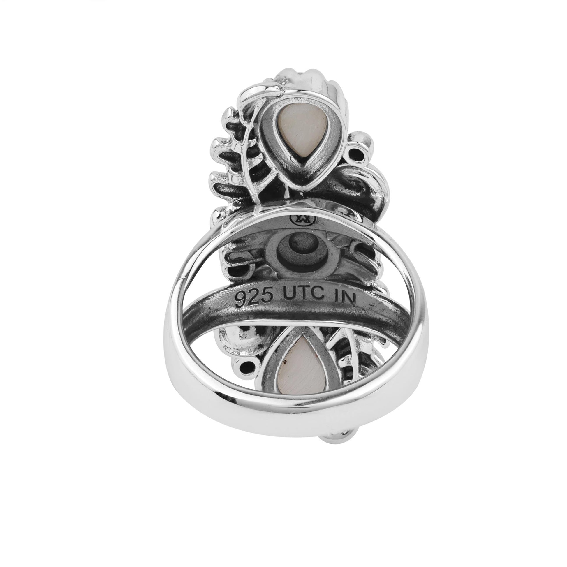  Sterling Silver White Mother of Pearl Pear-Cut Leaf and Flower Ring 