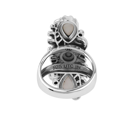  Sterling Silver White Mother of Pearl Pear-Cut Leaf and Flower Ring 
