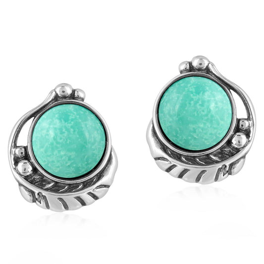 EXCLUSIVELY OURS! Sterling Silver Green Turquoise Leaf Design Button Earrings