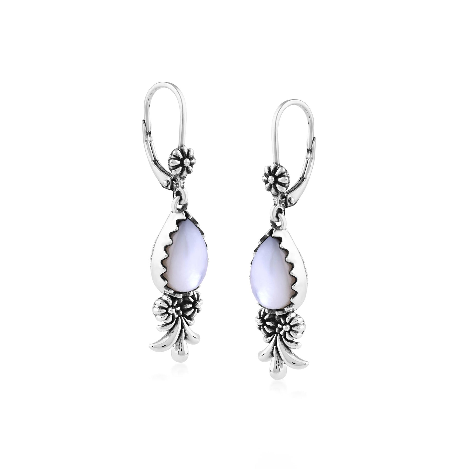  Sterling Silver White Mother of Pearl Teardrop Concha Squash Blossom Dangle Earrings