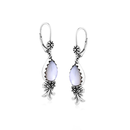  Sterling Silver White Mother of Pearl Teardrop Concha Squash Blossom Dangle Earrings