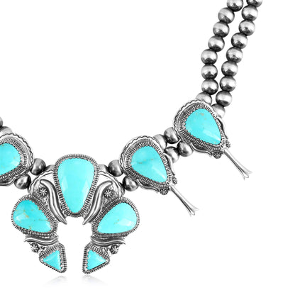 EXCLUSIVELY OURS! Sterling Silver Kingman Turquoise Large Naja Squash Blossom Necklace, 21 to 24 Inches