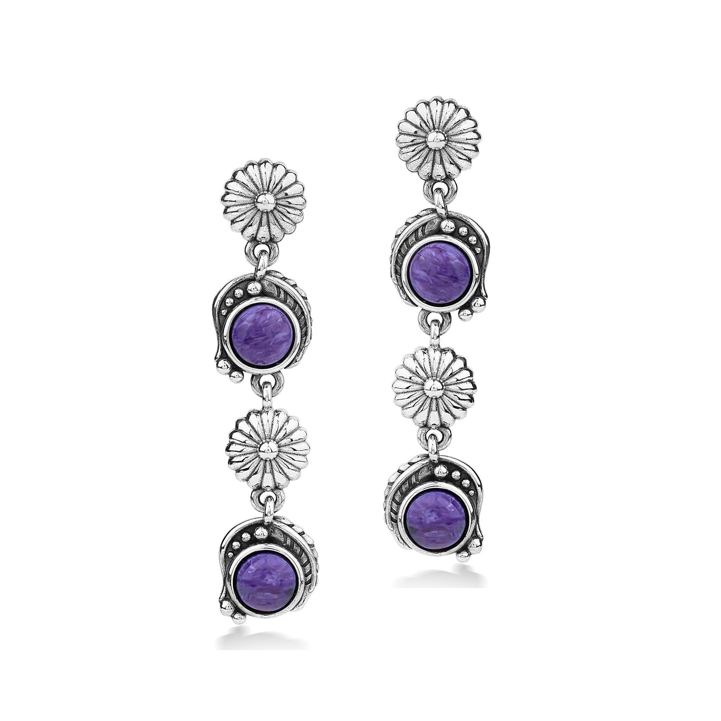 EXCLUSIVELY OURS! Sterling Silver Charoite Leaf and Flower Dangle Earrings
