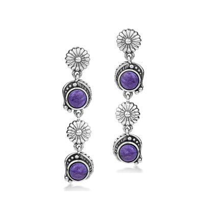 EXCLUSIVELY OURS! Sterling Silver Charoite Leaf and Flower Dangle Earrings