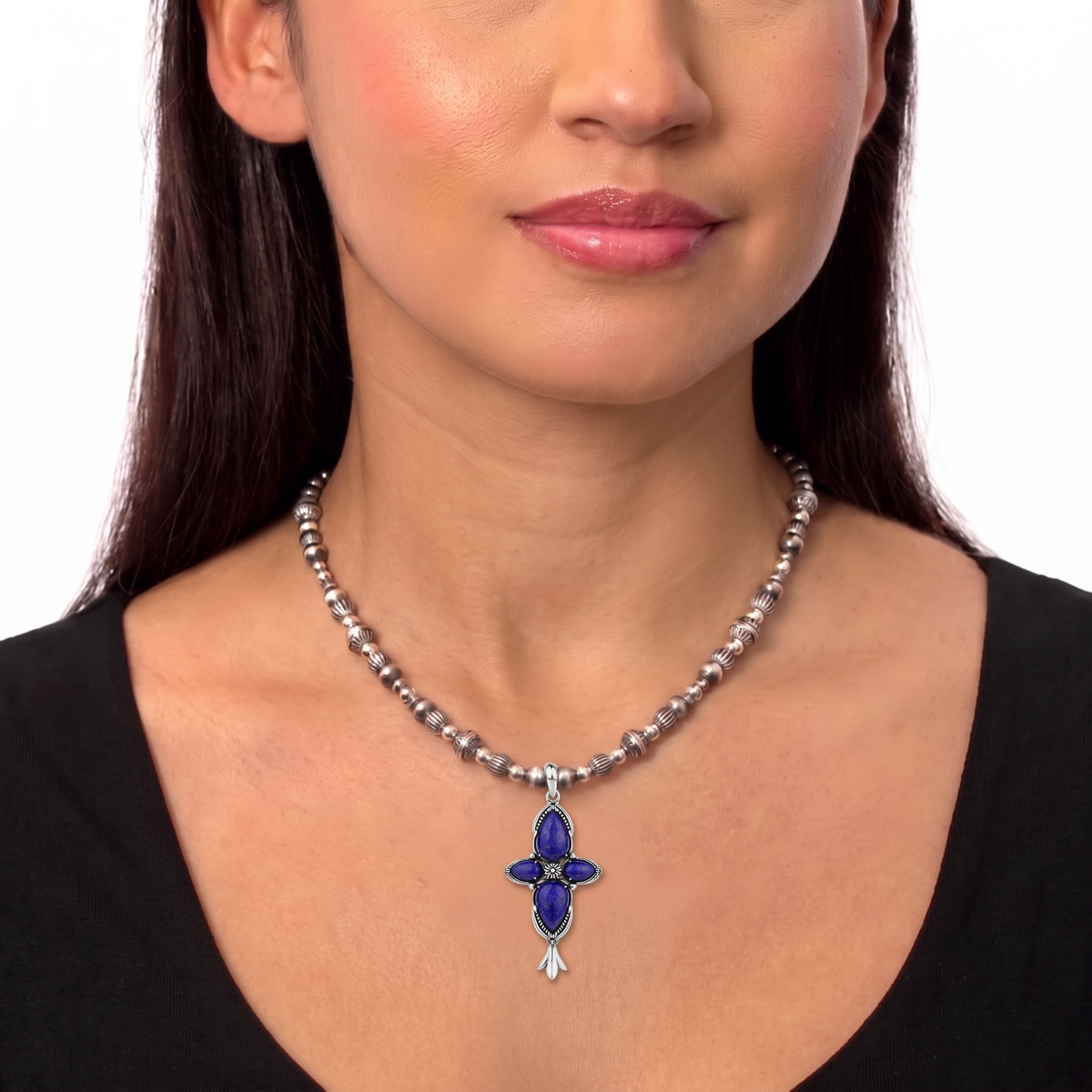 Sterling Silver Four Pear Lapis Gemstone Pendant Enhancer 