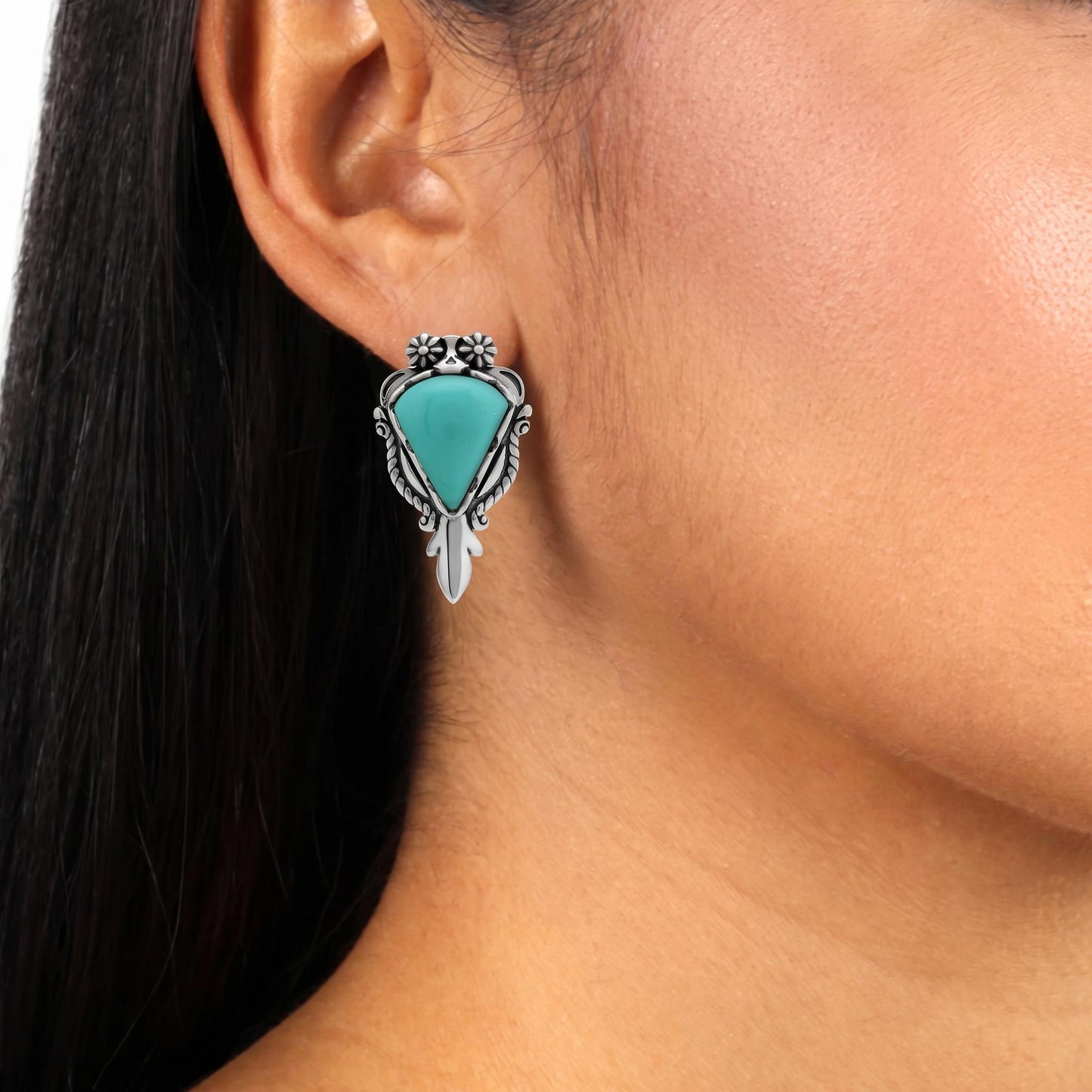 Sterling Silver Kingman Turquoise Pear Gemstone Squash Blossom Earrings 