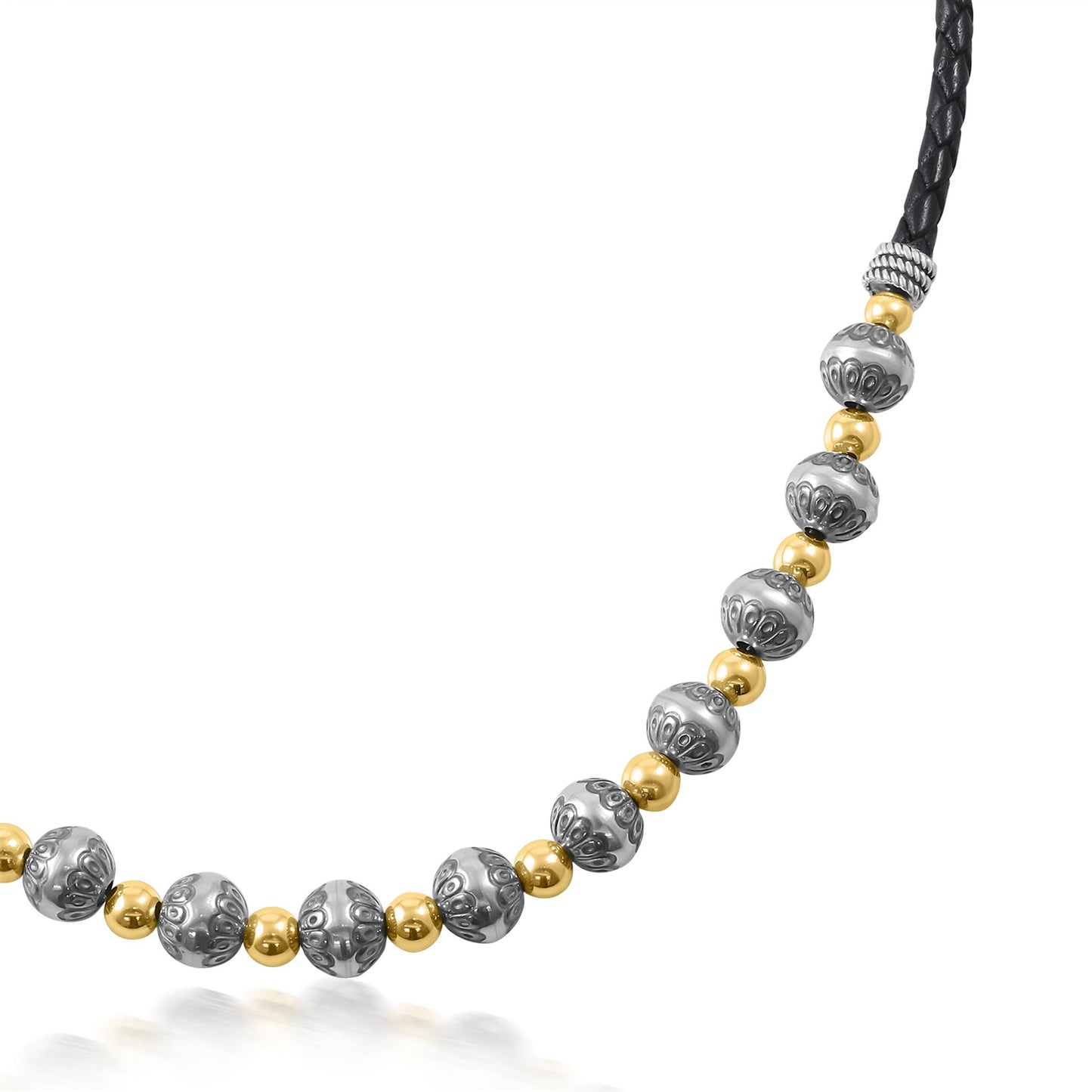Sterling Silver and 14K Gold Black Leather 2-Tone Native Pearl Beaded Necklace