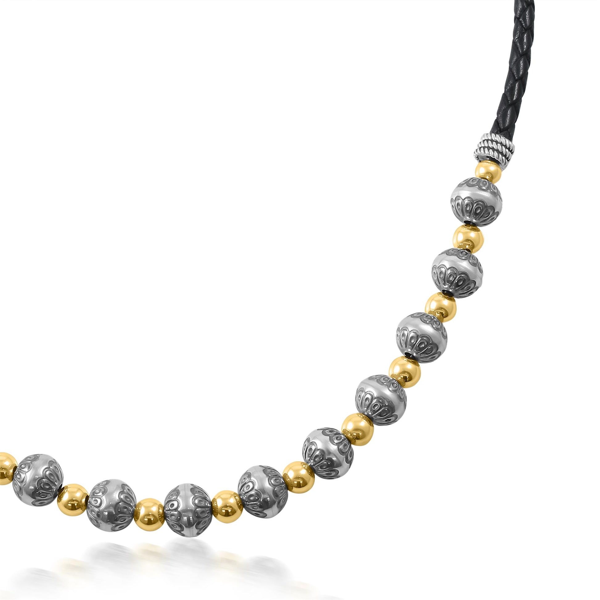 Sterling Silver and 14K Gold Black Leather 2-Tone Native Pearl Beaded Necklace