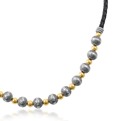 Sterling Silver and 14K Gold Black Leather 2-Tone Native Pearl Beaded Necklace