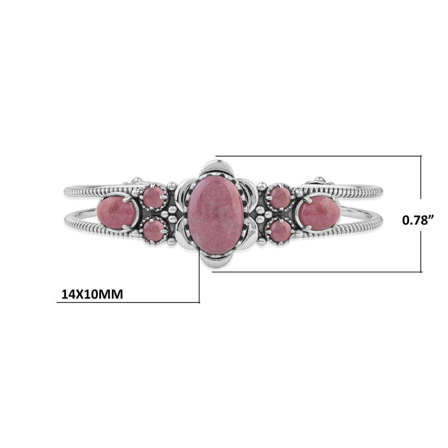  Sterling Silver Rhodonite Oval and Round Open Cuff Bracelet