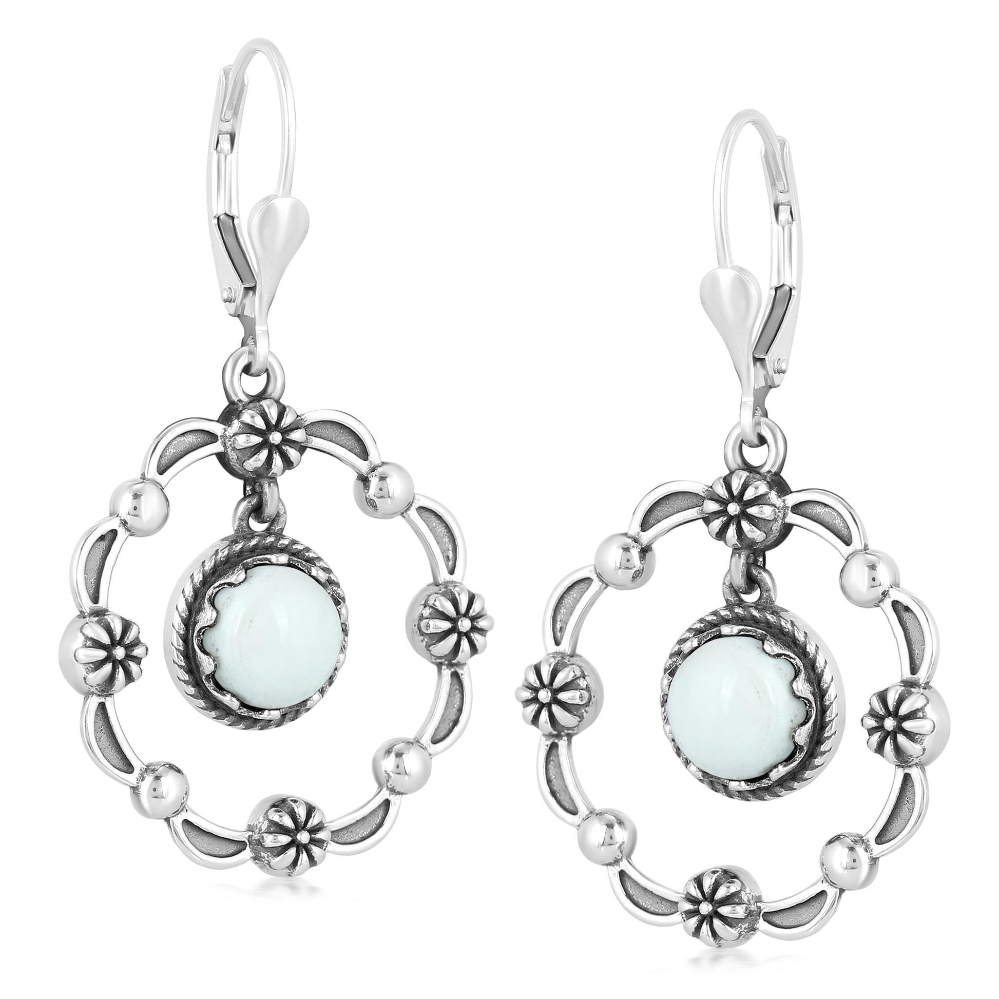 Sterling Silver White Agate Circle Concha Lever Back Earrings