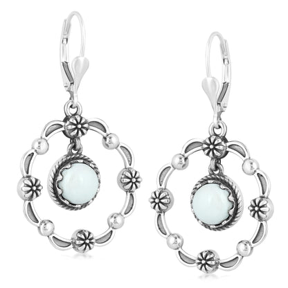 Sterling Silver White Agate Circle Concha Lever Back Earrings