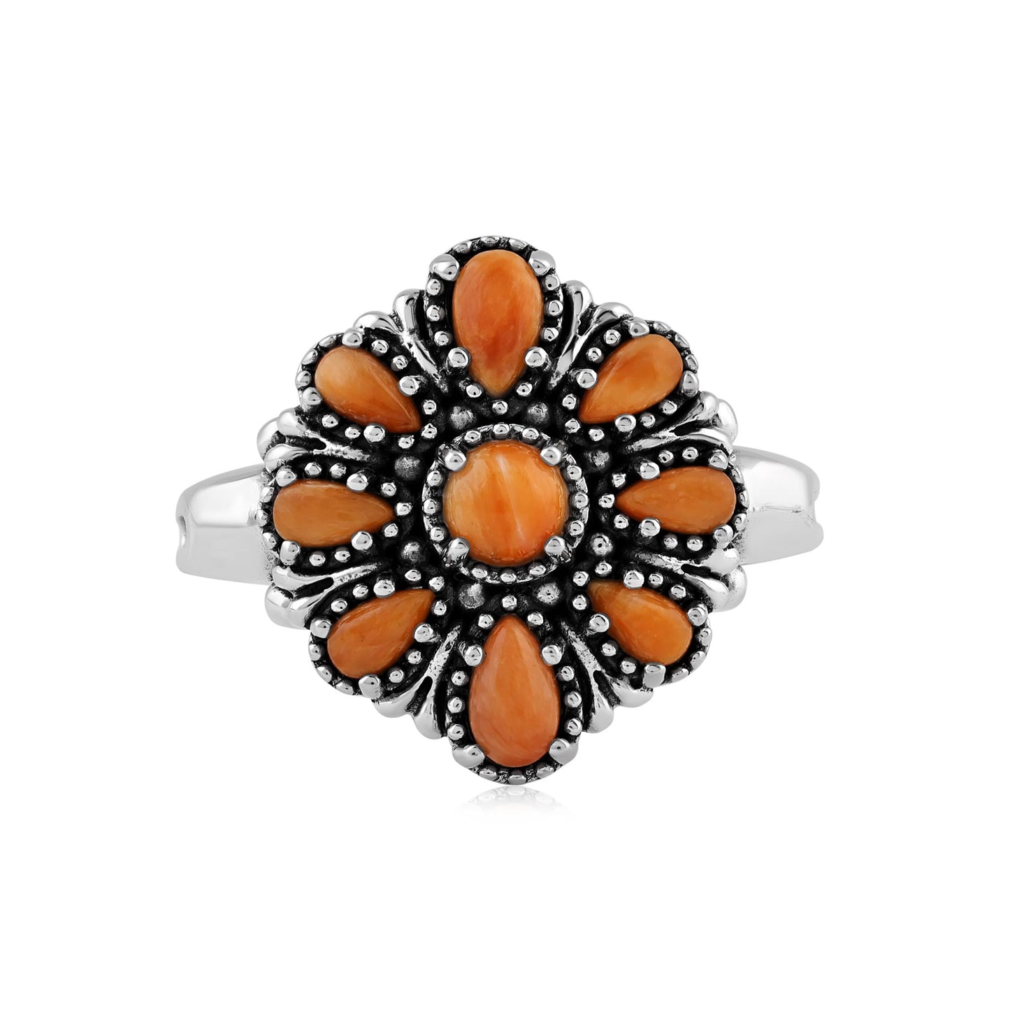  Sterling Silver Orange Spiny Oyster Flower Cluster Ring