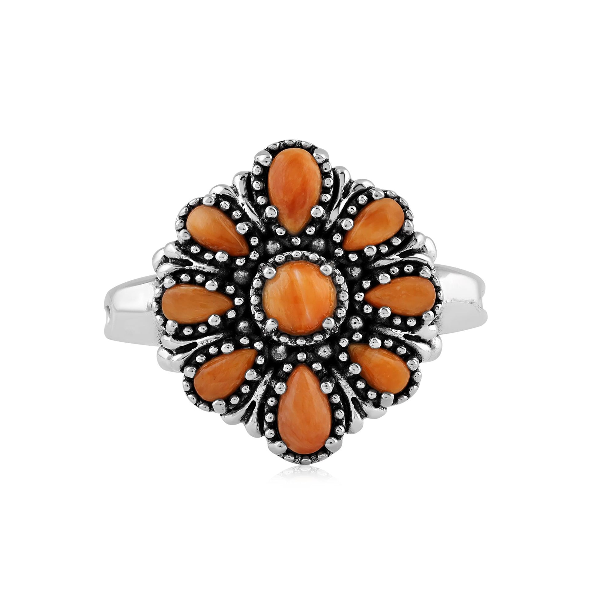  Sterling Silver Orange Spiny Oyster Flower Cluster Ring