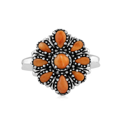  Sterling Silver Orange Spiny Oyster Flower Cluster Ring