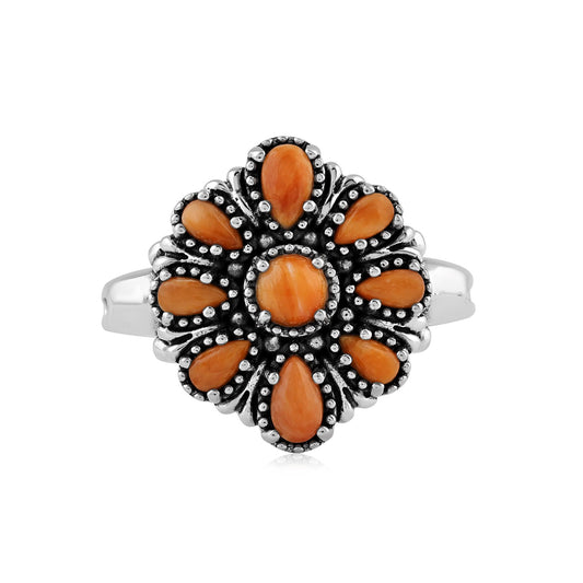  Sterling Silver Orange Spiny Oyster Flower Cluster Ring