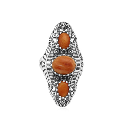Sterling Silver Orange Spiny Oyster Leaf and Vine Oval Ring