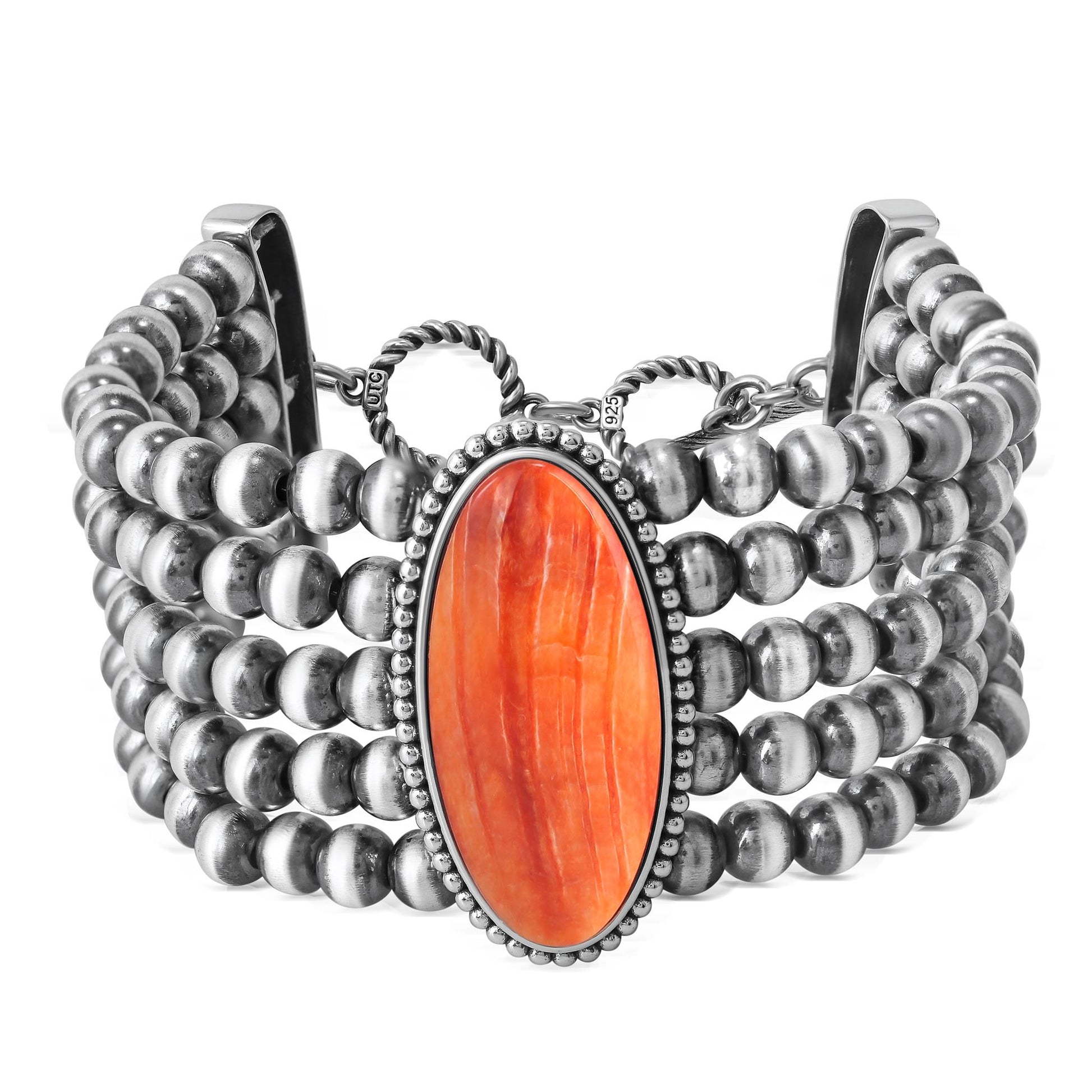 Sterling Silver Orange Spiny Oyster Oval Cut Triple Bead Toggle Bracelet, Sizes Small to Large