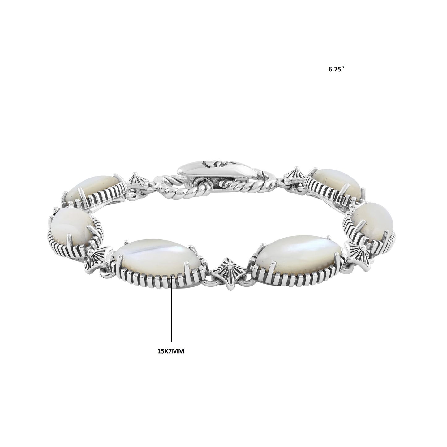  Sterling Silver White Mother of Pearl Marquise Cut Link Bracelet