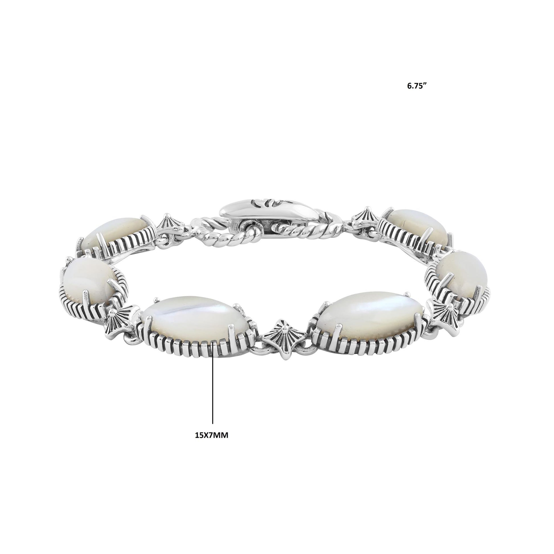  Sterling Silver White Mother of Pearl Marquise Cut Link Bracelet