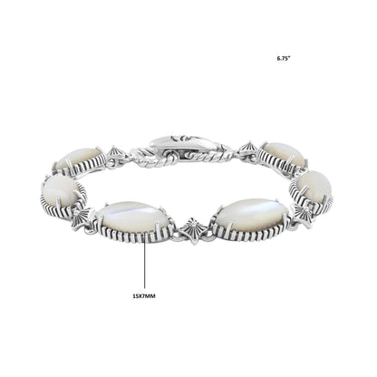  Sterling Silver White Mother of Pearl Marquise Cut Link Bracelet