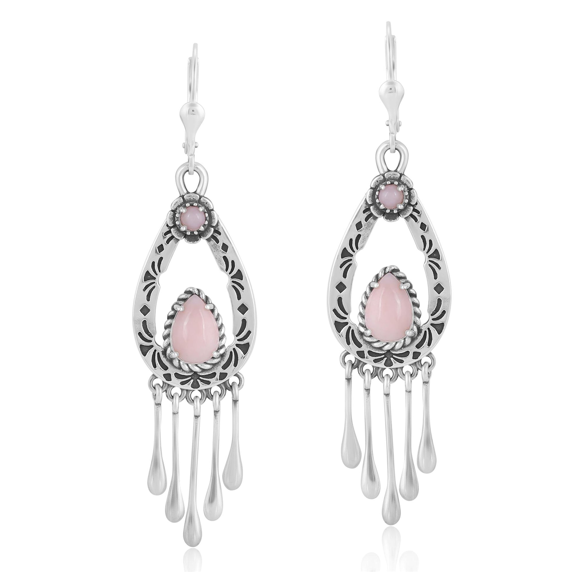 Sterling Silver Pink Opal Pear-Cut Lever Back Dangle Earrings