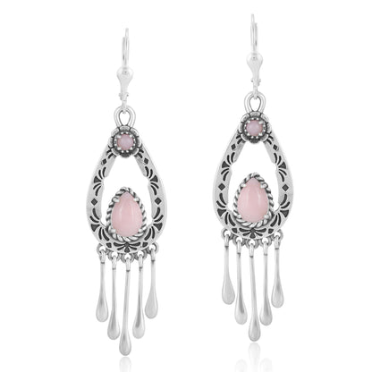Sterling Silver Pink Opal Pear-Cut Lever Back Dangle Earrings