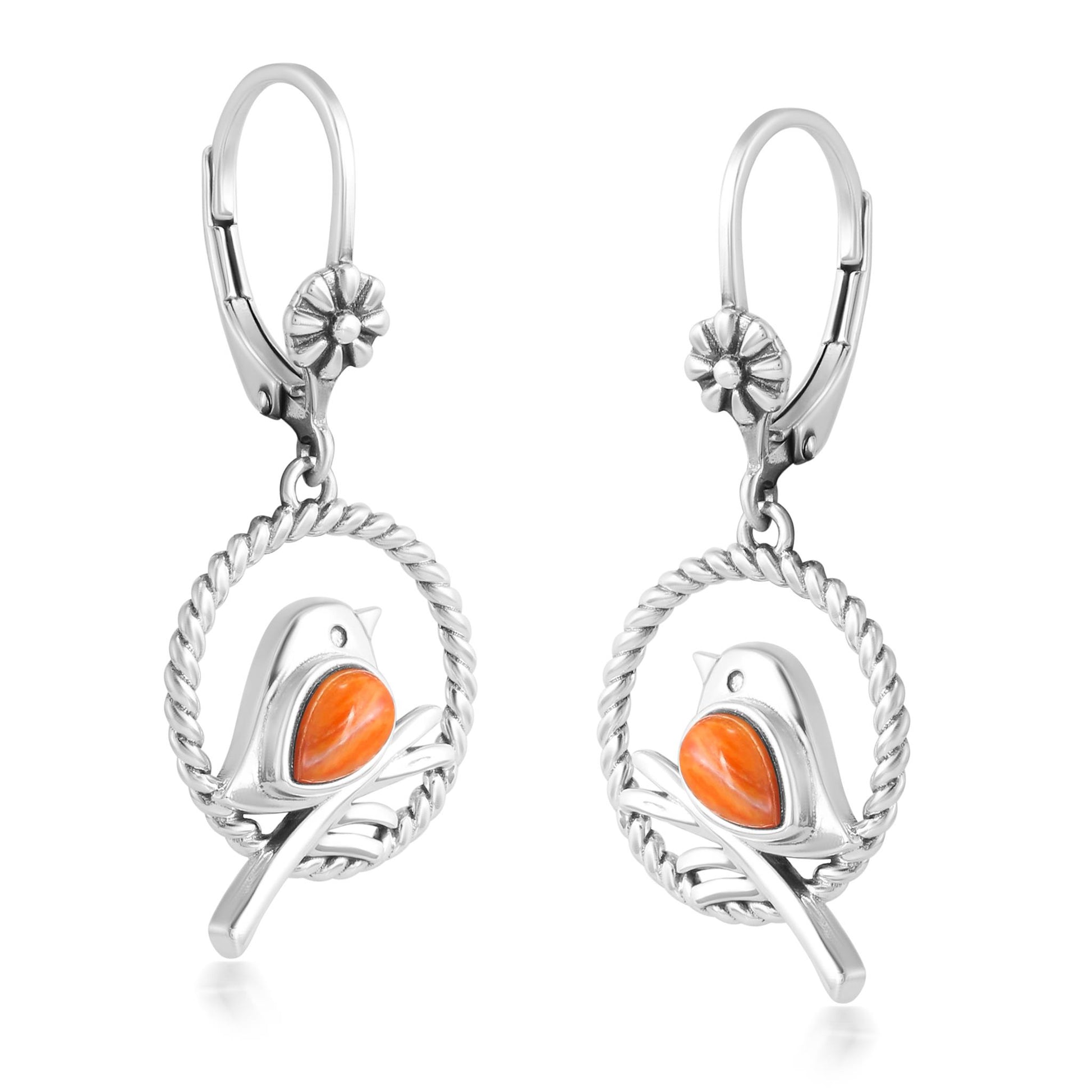 EXCLUSIVELY OURS! Sterling Silver Orange Spiny Oyster Bird and Branch Open Circle Dangle Earrings
