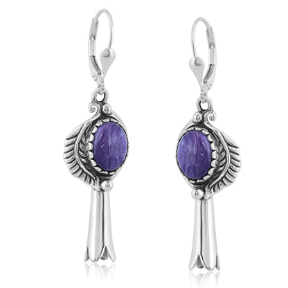 EXCLUSIVELY OURS! Sterling Silver Charoite Leaf and Squash Blossom Design Dangle Earrings