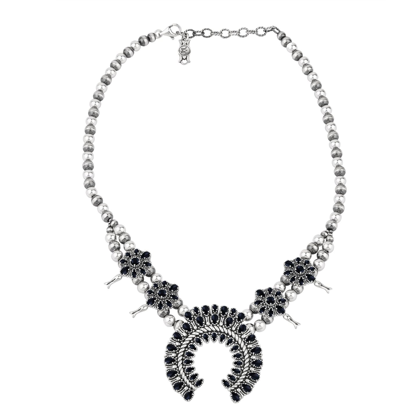  Sterling Silver Black Onyx Petit Point Naja Squash Blossom Necklace