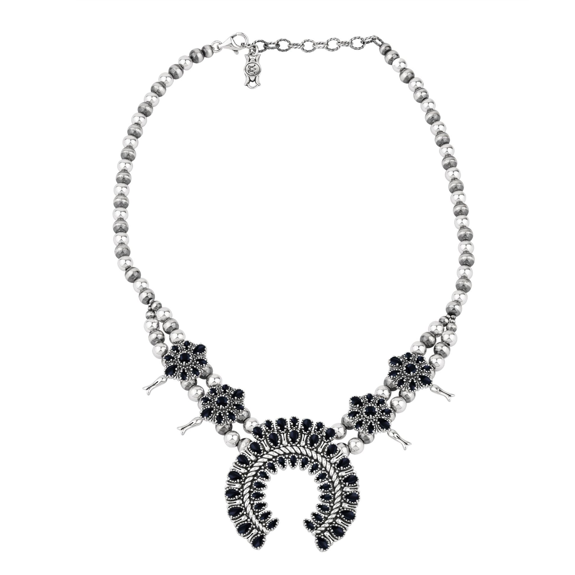  Sterling Silver Black Onyx Petit Point Naja Squash Blossom Necklace