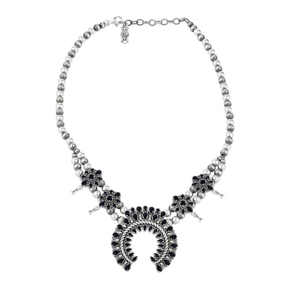  Sterling Silver Black Onyx Petit Point Naja Squash Blossom Necklace