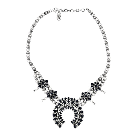  Sterling Silver Black Onyx Petit Point Naja Squash Blossom Necklace