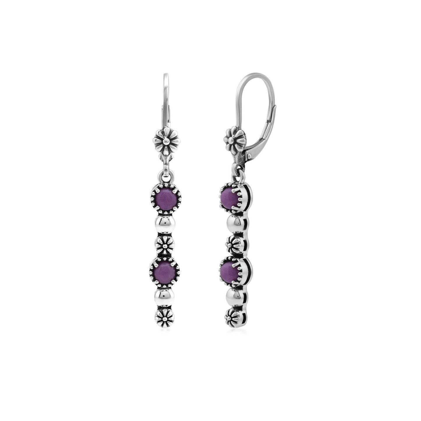 Sterling Silver Phosphosiderite Round Gemstone and Concha Linear Lever Back Earrings